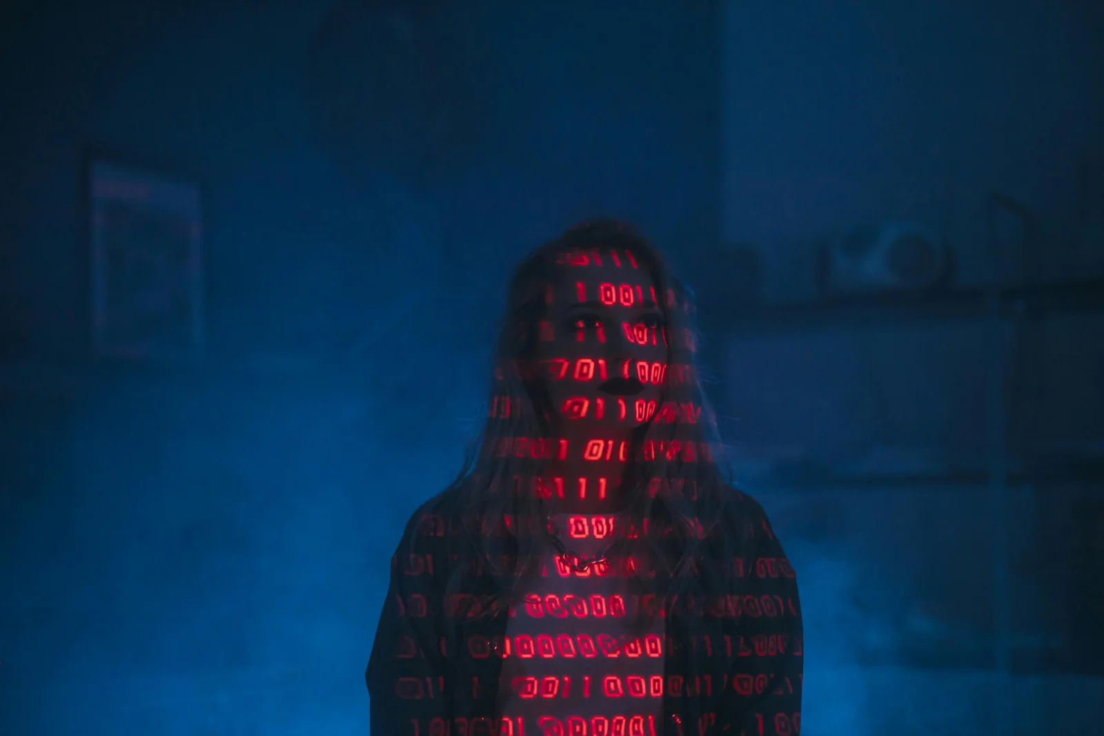 A digital matrix with AI code and security breach symbols.
