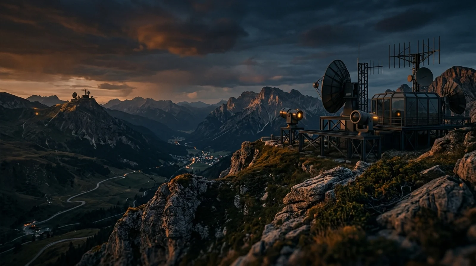 A futuristic depiction of laser beams transmitting data through the sky